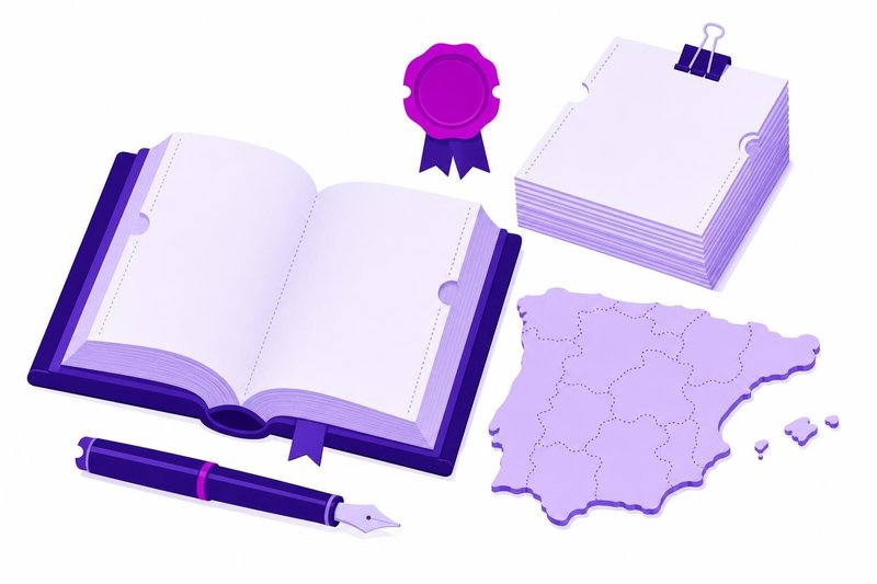 Ilustración de un volumen legal abierto, un sello oficial, boletines apilados y el mapa de España dividido en comunidades autónomas