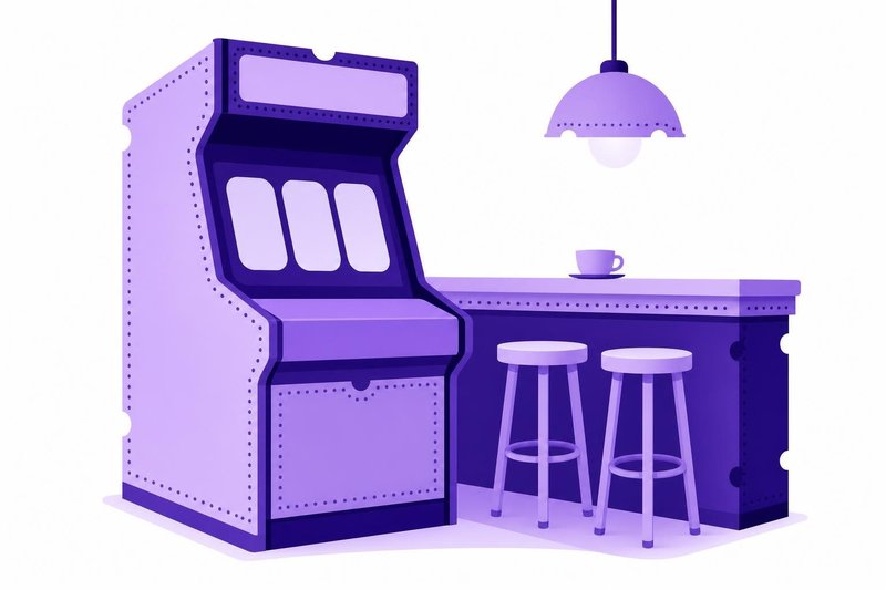 Ilustración de una máquina recreativa junto a la barra de un bar con dos taburetes y una taza de café