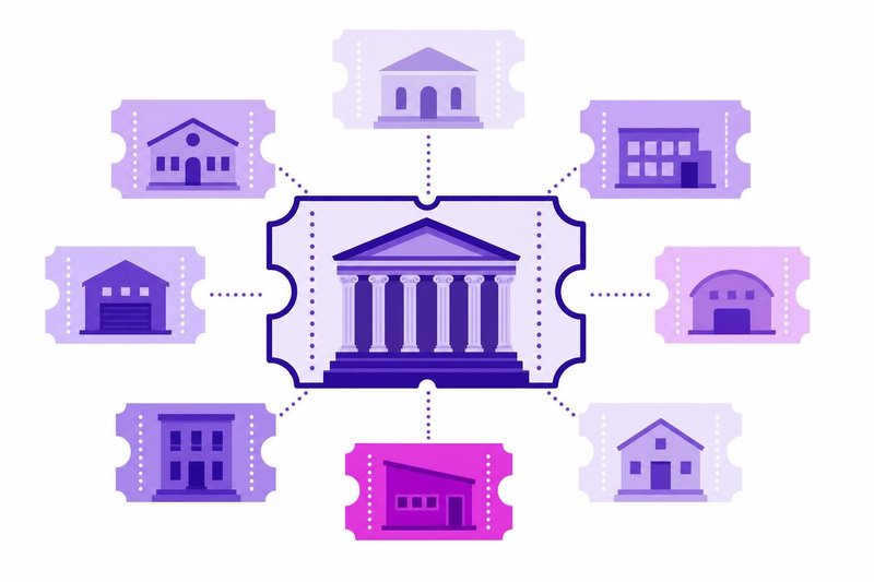 Ilustración de un gran edificio público con columnas unido por líneas perforadas a varios edificios más pequeños a su alrededor