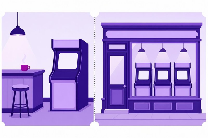 Ilustración dividida en dos: a la izquierda la barra de un bar con una máquina recreativa, a la derecha un salón con tres máquinas tras el escaparate