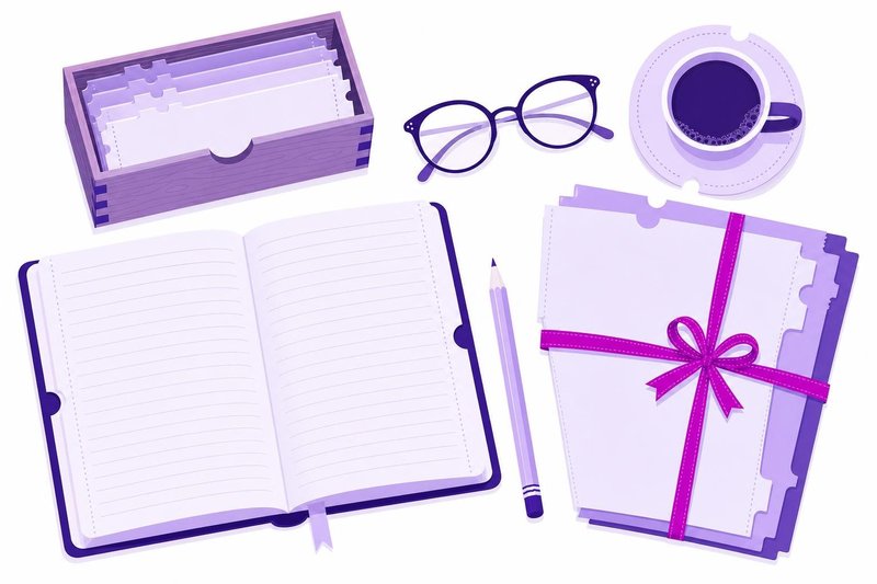Ilustración de una mesa de redacción con un cuaderno abierto, un fichero de tarjetas, unas gafas, un café y carpetas de archivo