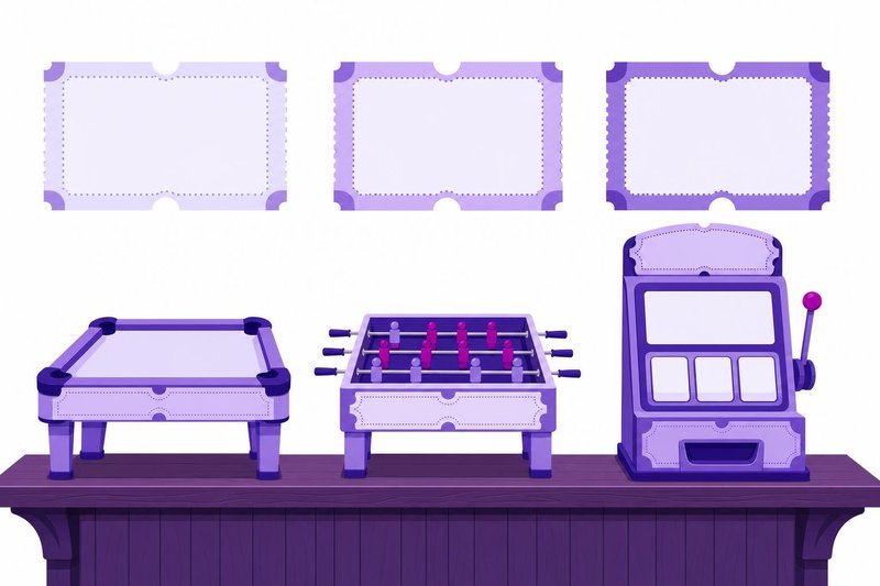 Ilustración de la barra de un bar con un billar, un futbolín y una máquina recreativa en fila, bajo tres marcos vacíos en la pared